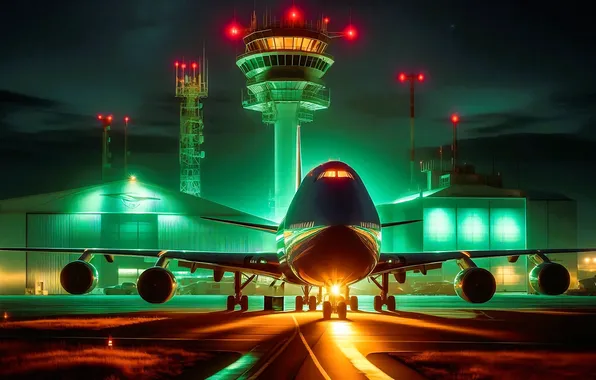 Aviation, night, lights, the plane, airport, AI art, neural network