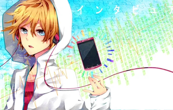 Look, headphones, phone, guy, gesture, art, 96neko, yuuchi