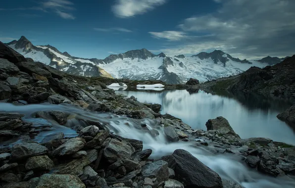 Snow, landscape, mountains, nature, river