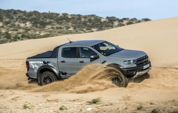 Sand, grey, movement, Ford, side view, Raptor, pickup, Ranger