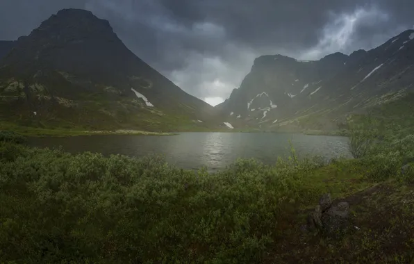 Mountains, fog, lake, overcast, shore, haze, the bushes
