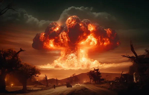 Clouds, Road, Fire, Mushroom, The explosion, Cars, Digital art, A nuclear explosion