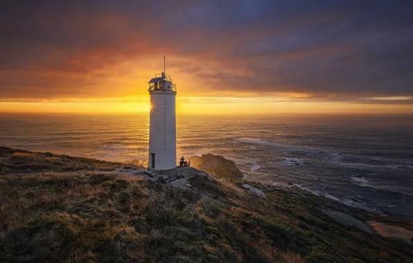 Picture sunset, lighthouse, Galicia, Laxe