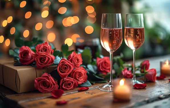 Picture love, flowers, gift, romance, roses, glasses, love, champagne