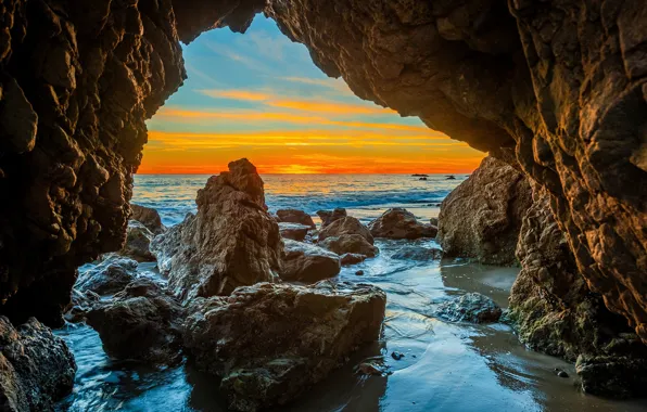 Sunset, rock, stones, the ocean, CA, Malibu Beach