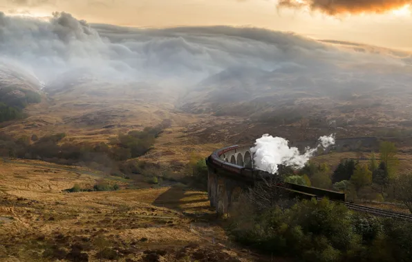 The sky, clouds, trees, mountains, bridge, fog, hills, smoke