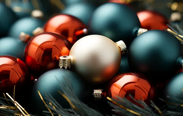 Balls, the dark background, balls, Christmas, red, New year, blue, gold