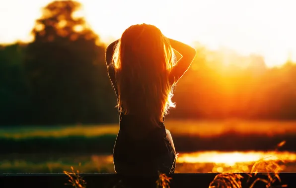 Girl, gold, silhouette, sunlight