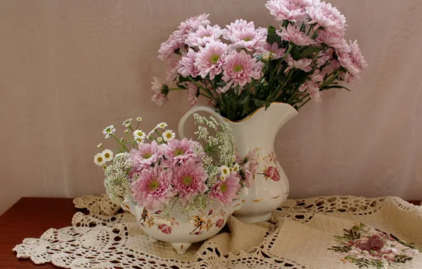 Flowers, table, chamomile, chrysanthemum, tablecloth, vases