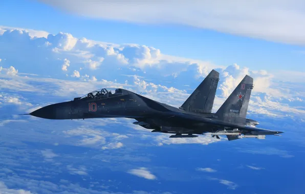 The sky, clouds, fighter, flight, Su-35, jet, multipurpose, super-maneuverable