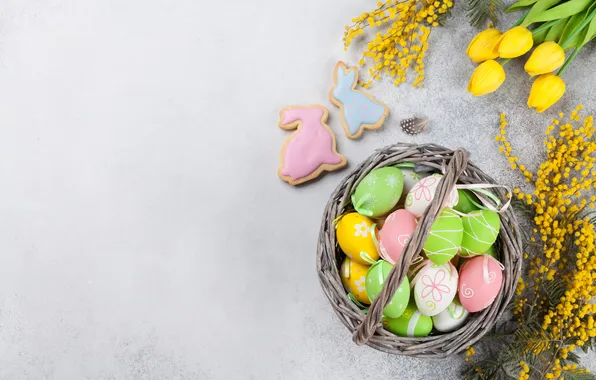 Flowers, eggs, spring, colorful, Easter, tulips, wood, flowers