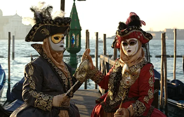 Pair, Venice, carnival, mask, gondola, costumes
