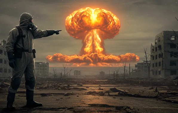 The explosion, the city, people, gas mask