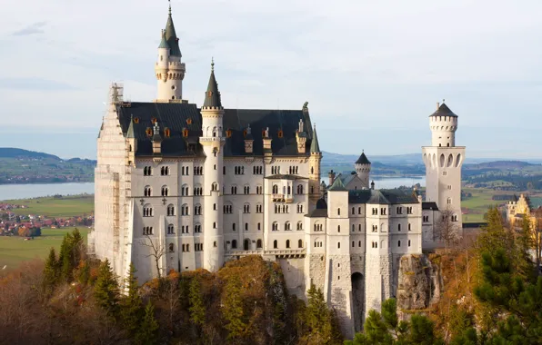 Autumn, forest, the sky, mountains, river, castle, rocks, view