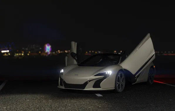 Asphalt, night, grey, lights, McLaren, Spider, GTA 5, 650S