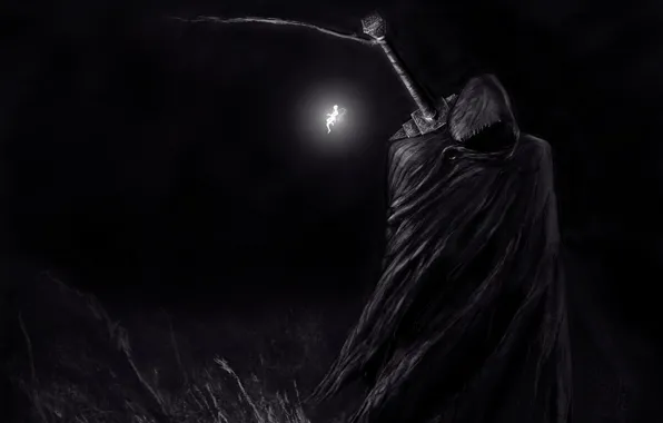 Elf, sword, cloak, anime, art, Berserk, Guts, Puck