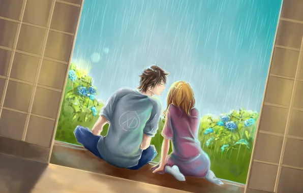 Girl, rain, art, guy, the threshold, hydrangeas, Nakamura Miharu
