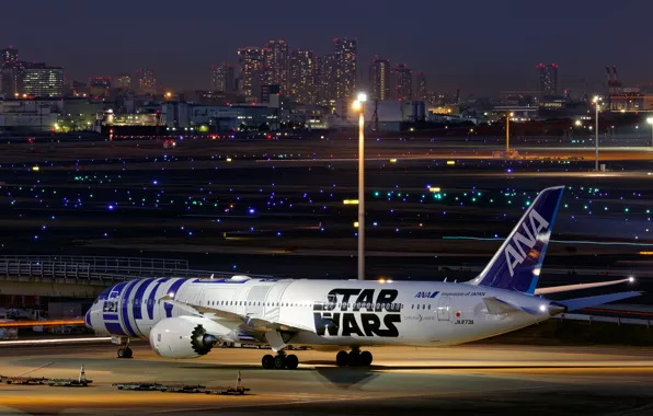 The city, lights, the evening, Boeing, the plane, jet, passenger, 787-9