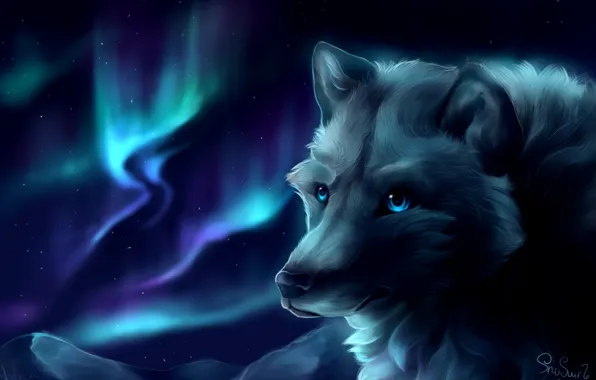Mountains, wolf, Northern lights, by SnoSwirl