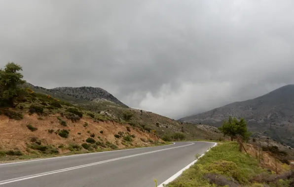 Road, grass, clouds, mountains, nature, Greece, Crete
