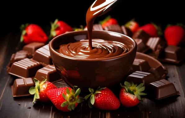 Berries, the dark background, table, Board, chocolate, strawberry, spoon, bowl