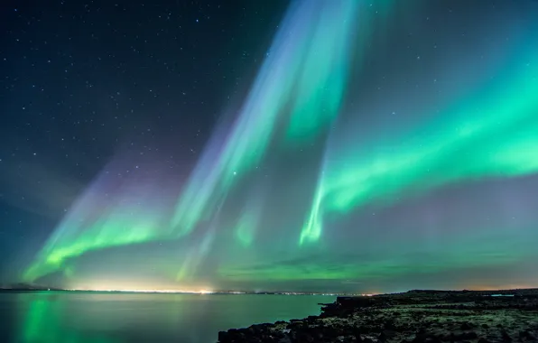 Sea, the sky, night, lights, coast, stars, Northern lights, Iceland