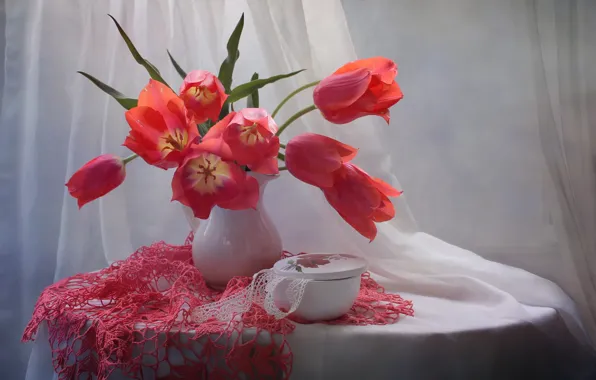 Flowers, red, table, bouquet, tulips, curtains, vase, still life