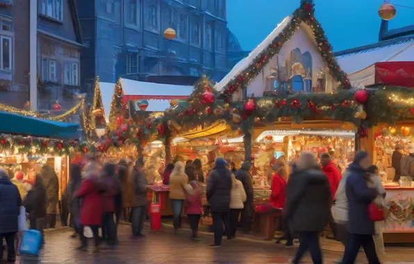 Winter, snow, the city, movement, people, the crowd, the evening, Christmas