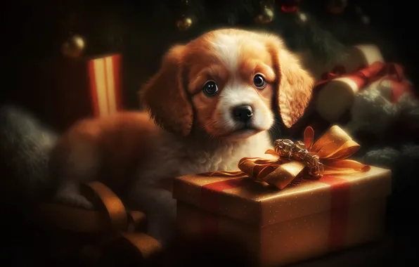 Look, balls, light, branches, the dark background, rendering, box, gift
