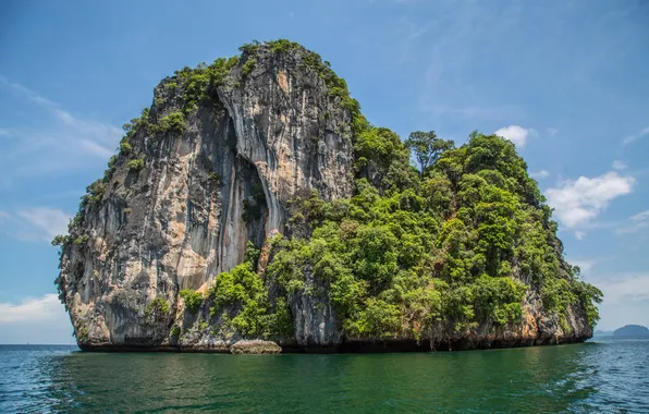 The sky, clouds, trees, landscape, nature, rock, the ocean, island