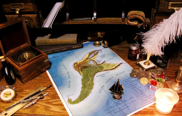 Picture table, pen, watch, map, sailboat, coins, spyglass, candle