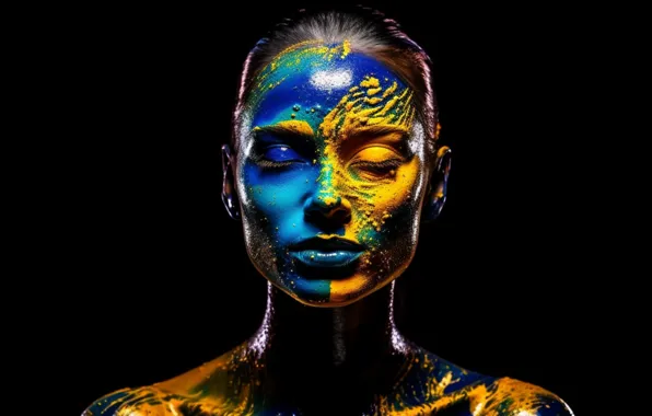Girl, face, paint, portrait, makeup, black background, painting, body painting