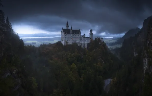 Forest, clouds, castle, Germany, Bayern, Neuschwanstein