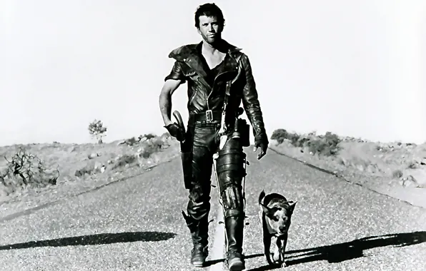 Picture road, dog, art, postapocalyptic, Mel Gibson, Road warrior, Mel Gibson, Mad Max 2