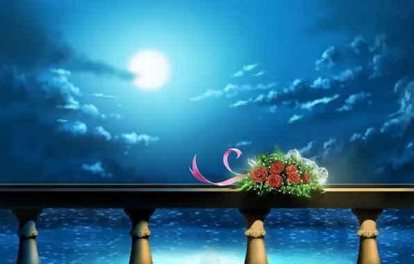 Sea, clouds, flowers, night, the moon, bouquet, art, railings