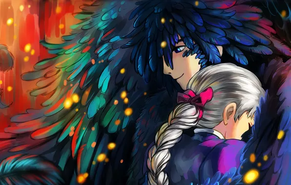 Picture girl, anime, feathers, art, hugs, guy, howl, Howl's Moving Castle