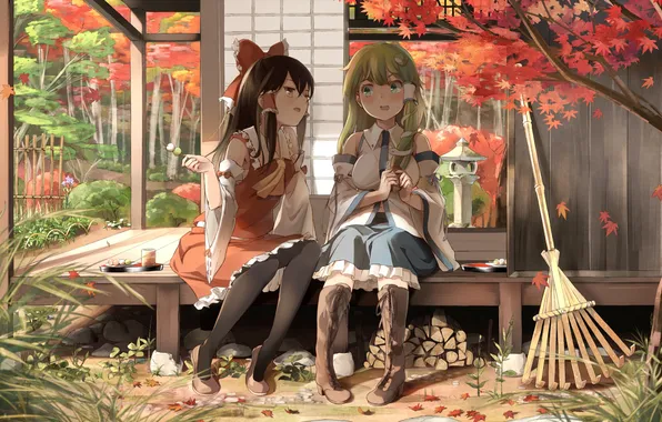 Leaves, trees, house, girls, art, maple, touhou, kochi have done the art