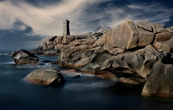 Sea, landscape, stones, rocks, lighthouse