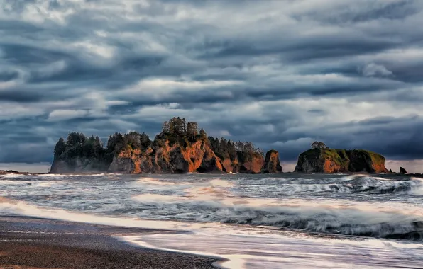 Clouds, rocks, coast, Washington, Pacific Ocean, Washington, The Pacific ocean, Olympic National Park