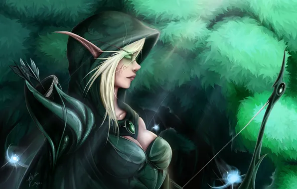 Picture forest, lights, bow, WoW, World of Warcraft, elf