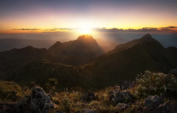 Sunset, mountains, nature