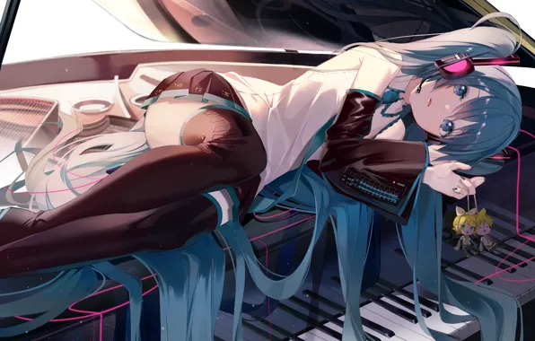 Headphones, piano, keys, vocaloid, Hatsune Miku, Kagamine Rin, long hair, Vocaloid