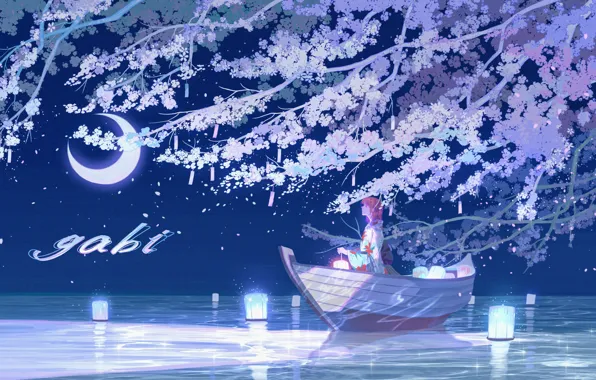 Water, girl, night, tree, boat, lights, flowering, Crescent