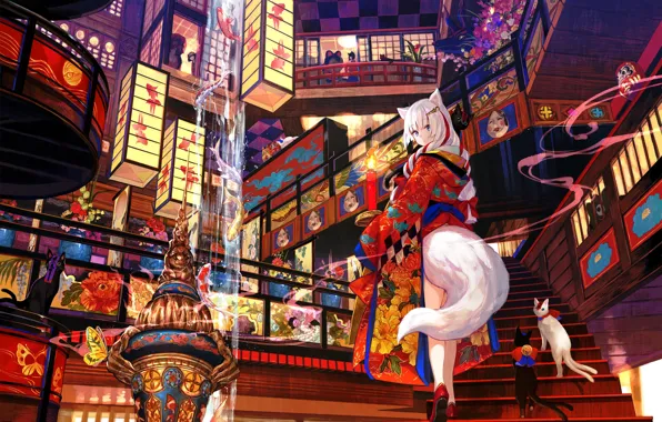 Girl, fish, cats, fantasy, ladder, Fox, youkai