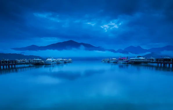Picture mountains, clouds, fog, Marina, boats, Bay