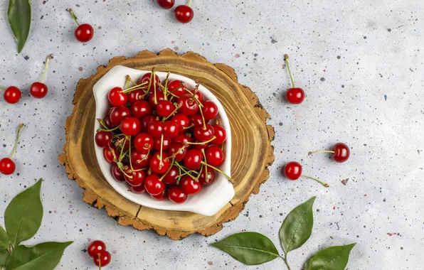 Leaves, cherry, berries, table, bowl, placer, light background, cherry