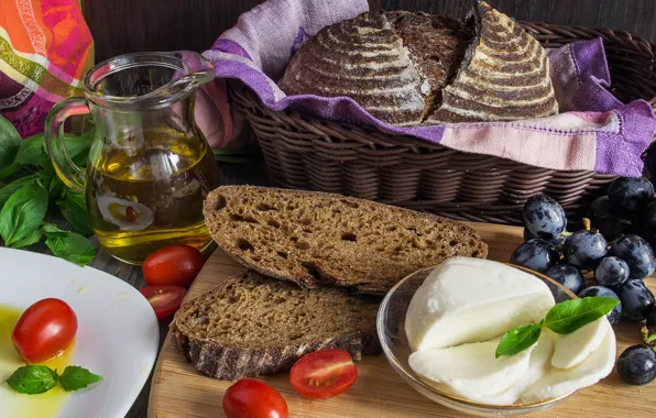 Oil, cheese, bread, grapes, tomatoes, Basil