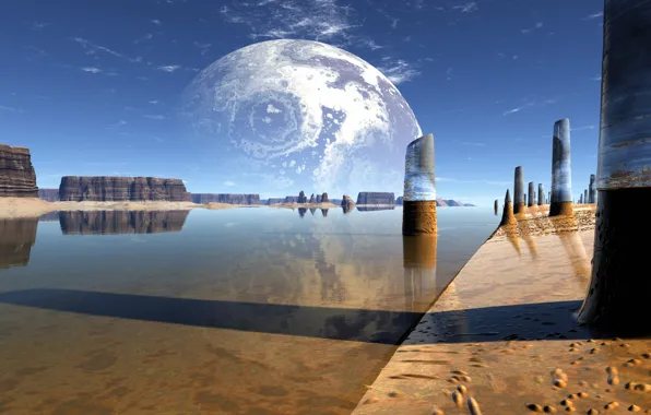 Water, lake, reflection, rocks, planet, columns, lightdrop