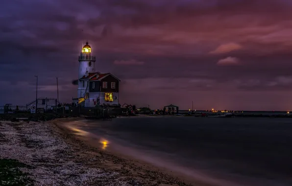 Picture night, shore, lighthouse, Netherlands, Marken