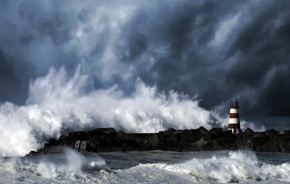 Picture wave, the sky, clouds, storm, the ocean, element, lighthouse